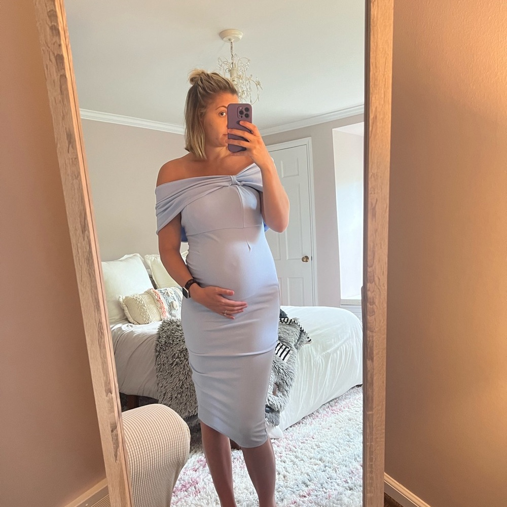 Club London POWDER BLUE BARDOT BOW MATERNITY MIDI DRESS WITH RUCHING